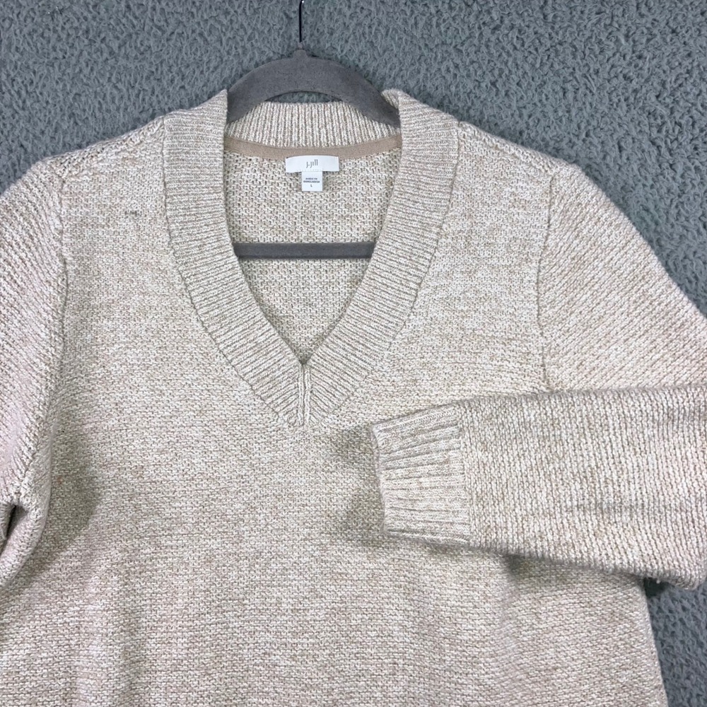 J‎ Jill Sweater Women Large V Neck Speckled Knit Long Sleeve Beige Minimalist